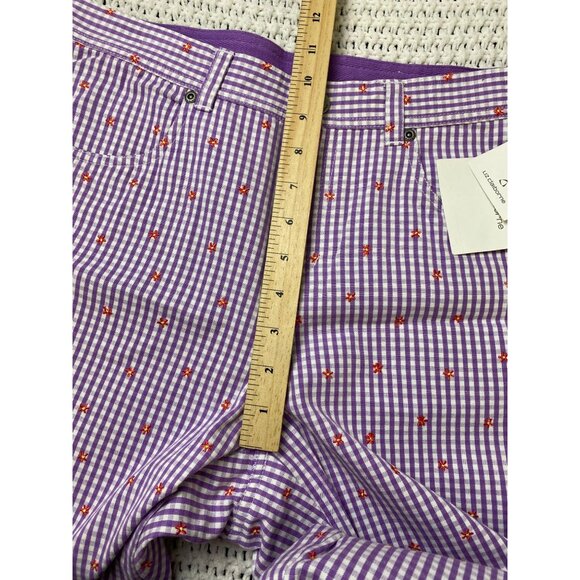 Liz Claiborne Women Cropped Pants Purple Gingham Plaid Floral Embroidered Size 8 - Picture 8 of 15